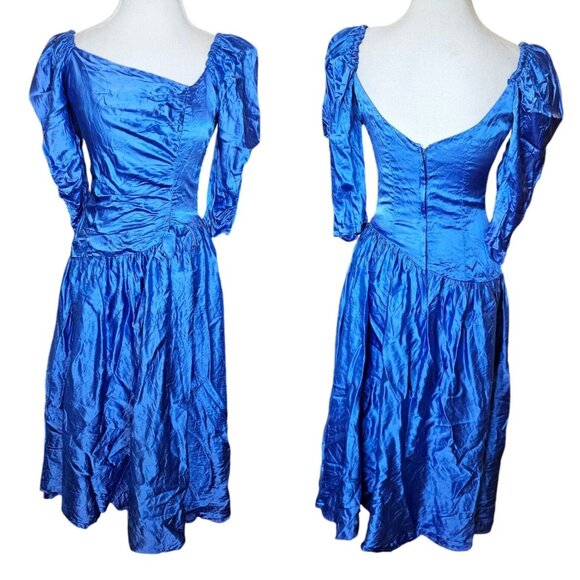80s Size 8 Blue Formal Dress Gown‎ Prom Shiny Satin Assymetrical Puff Sleeve - Picture 14 of 14